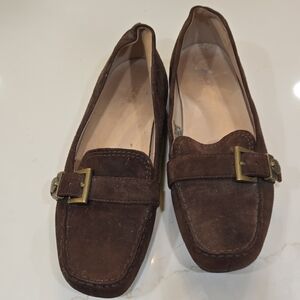 UGG Dark Brown Suede Loafers with Brass Buckle